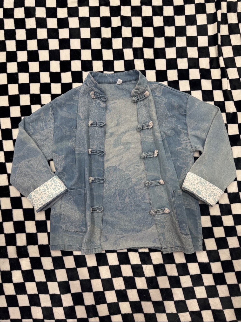 Blue Dragon-Pattern Denim Mandarin Jacket - Picture 5 of 8